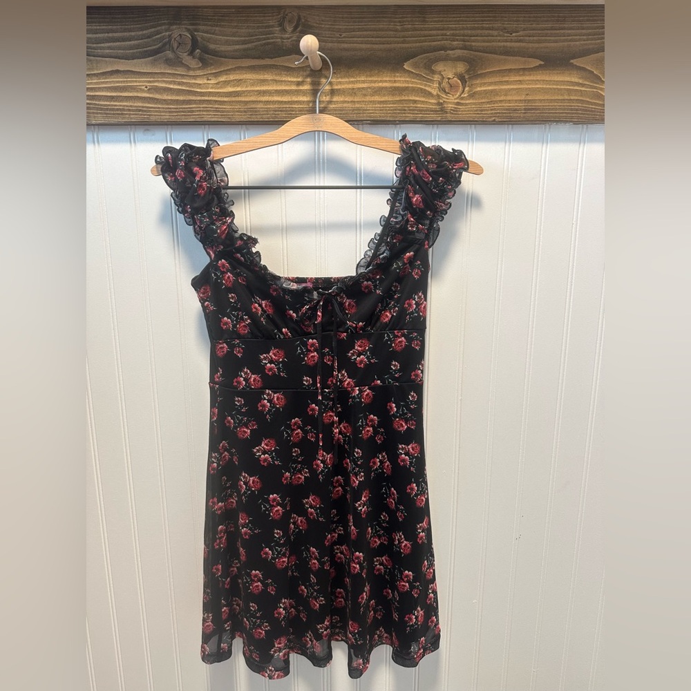 Miami Black Red Floral Babydoll Mini Dress Y2K whimsygoth dark fairy sz s